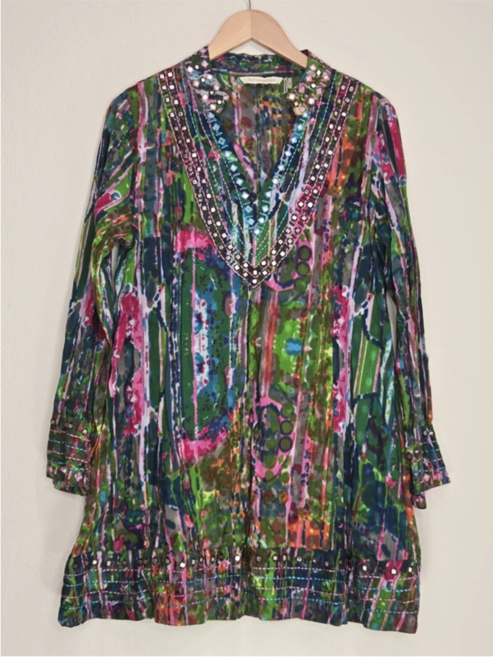Soft Surroundings Mosaic Tunic Artsy Embroidery Tie Dye Jade Multi Womens Sz M
